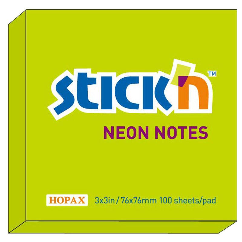 Stick'n Notisblock 100 blad Neon – Grön – 76 × 76 mm