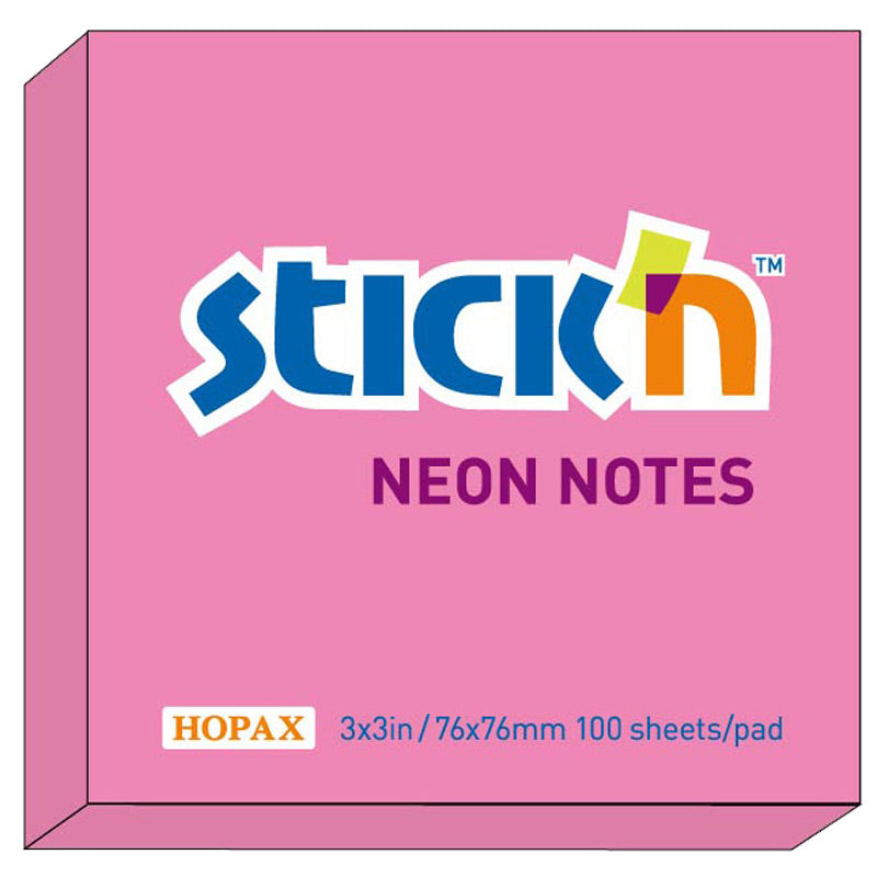 Stick'n Notisblock 100 blad Neon – Rosa – 76 × 76 mm