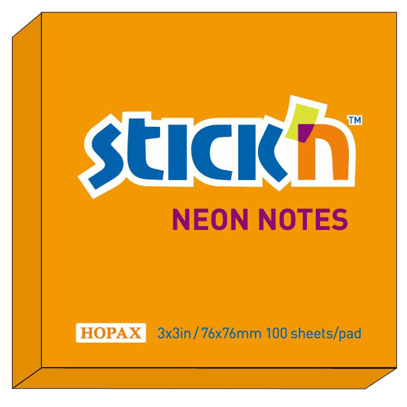 Stick'n Notisblock 100 blad Neon – Orange – 76 × 76 mm
