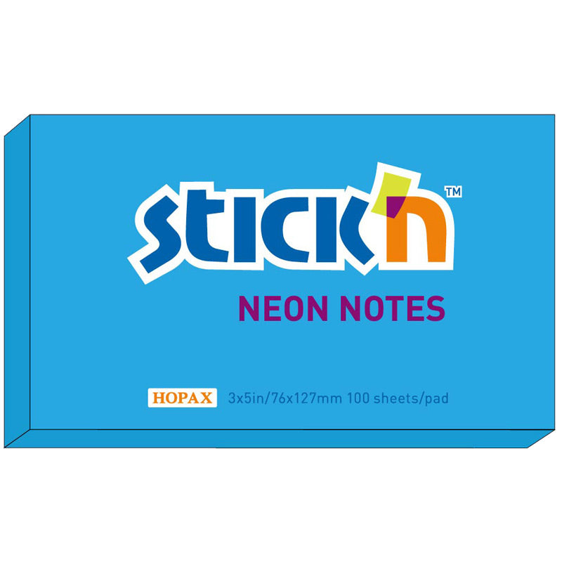 Stick'n Notisblock 100 blad Neon – Blå – 76 × 127 mm