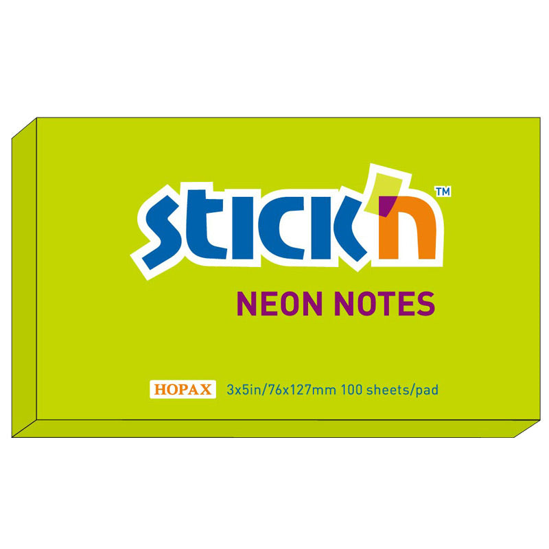 Stick'n Notisblock 100 blad Neon – Grön – 76 × 127 mm