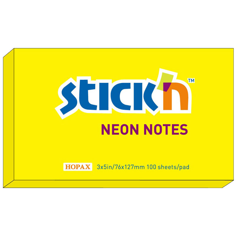 Stick'n Notisblock 100 blad Neon – Gul – 76 × 127 mm