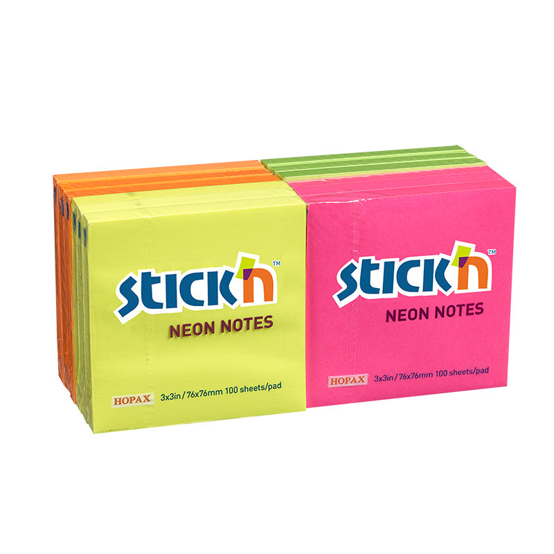Stick'n Notisblock Sorterat Neon – 76 × 76 mm – 100 ark