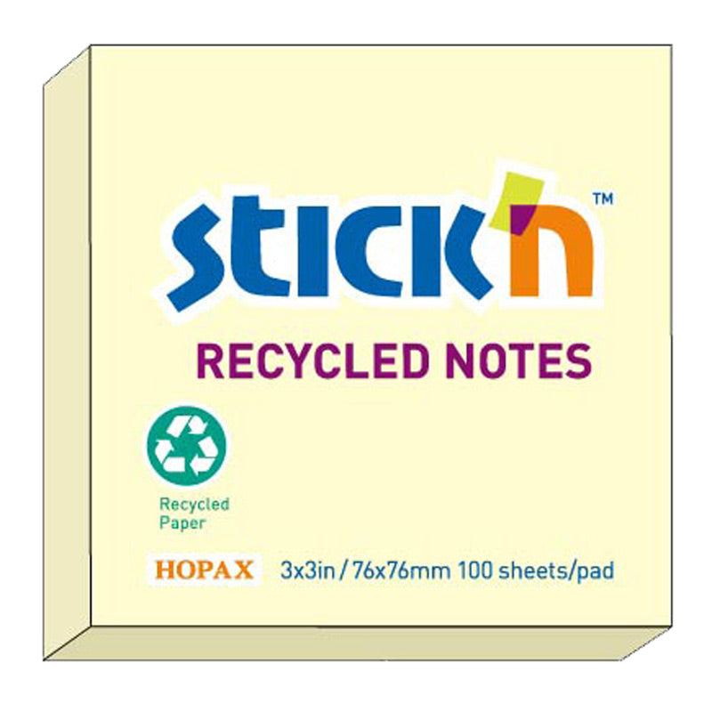 Stick'n Notisblock Gul – 76 × 76 mm – 100 ark – Miljömärkning: Återvunnet
