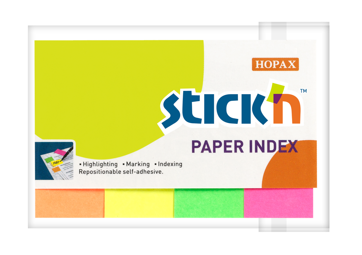 Stick'n Indexflikar Papper 4st 50 × 20 25 blad Sorterat Neon