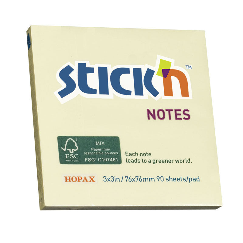 Stick'n Notisblock Gul – 76 × 76 mm – 90 ark – Miljömärkning: Återvunnet