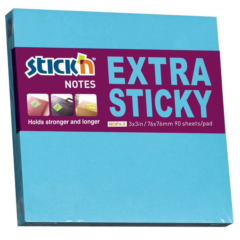 Stick'n Notisblock Extra Sticky 90 blad Neon – Blå – 76 × 76 mm