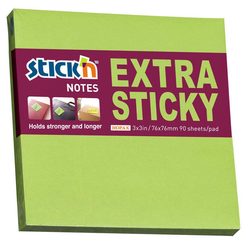 Stick'n Notisblock Extra Sticky 90 blad Neon – Grön – 76 × 76 mm