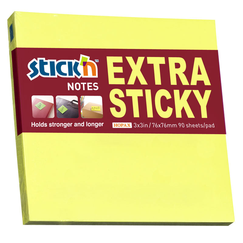 Stick'n Notisblock Extra Sticky 90 blad Neon – Gul – 76 × 76 mm