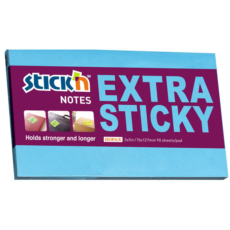 Stick'n Notisblock Extra Sticky 90 blad Neon – Blå – 76 × 127 mm