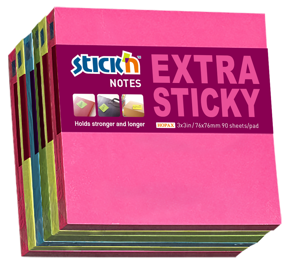 Stick'n Notisar Extra Sticky Neon Assorterad 4 färger – 76 × 76 mm – 90 ark