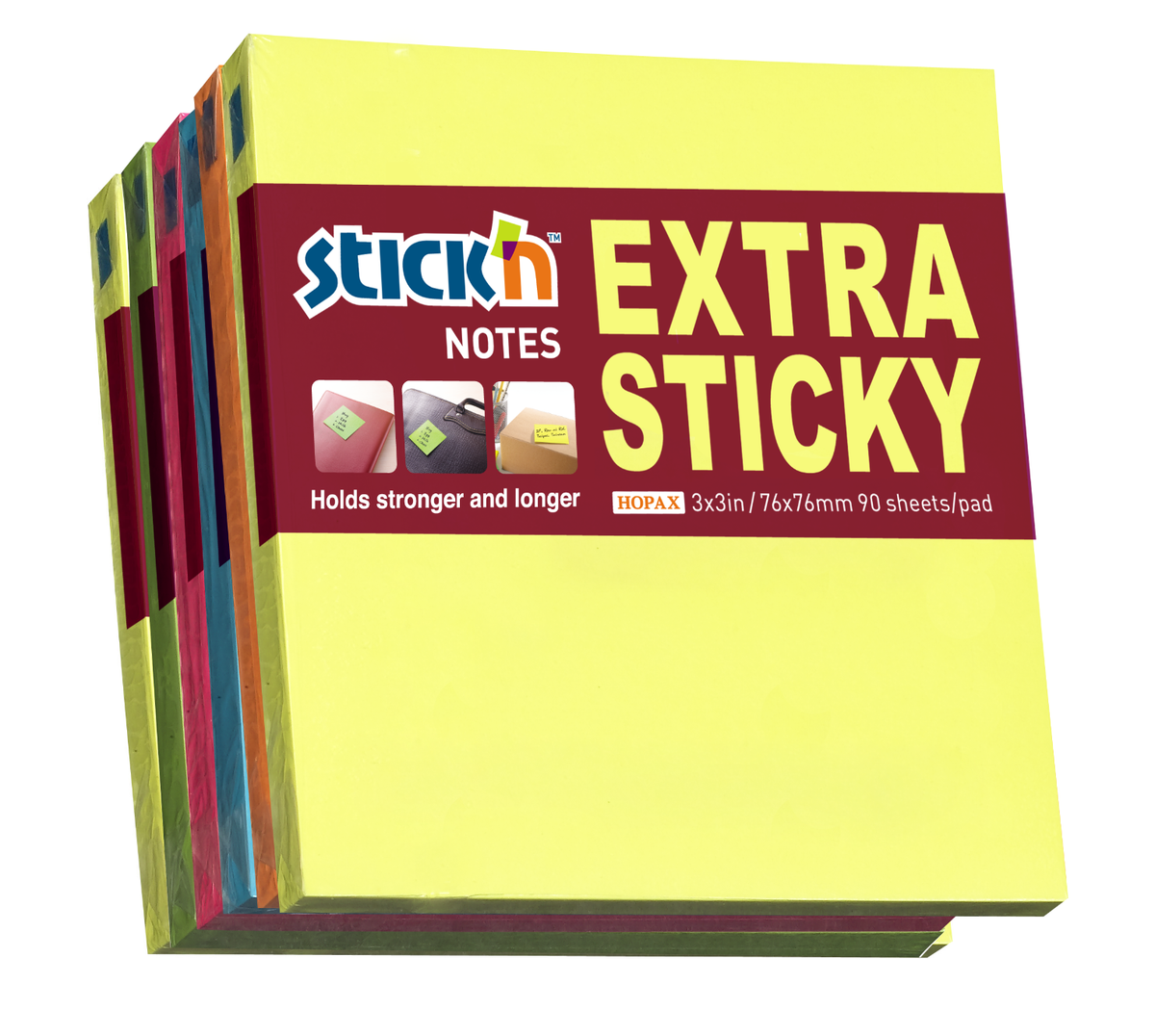 Stick'n Notisar Extra Sticky 90 blad 6-pack Neon Assorterad 6 färger – 76 × 76 mm