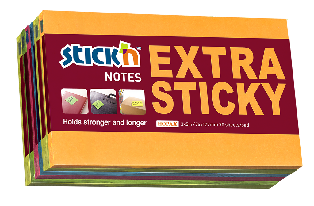 Stick'n Notisar Extra Sticky 90 blad 6-pack Neon Assorterad 6 färger