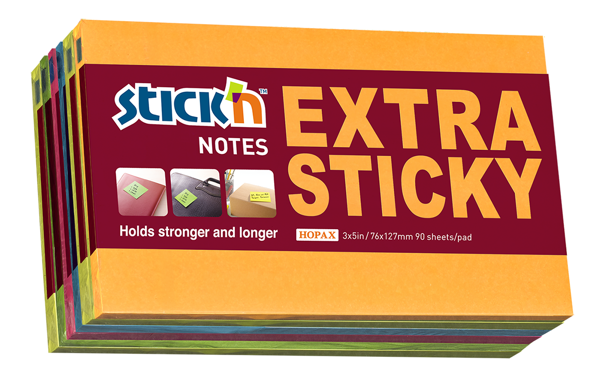 Stick'n Notisar Extra Sticky 90 blad 6-pack Neon Assorterad 6 färger