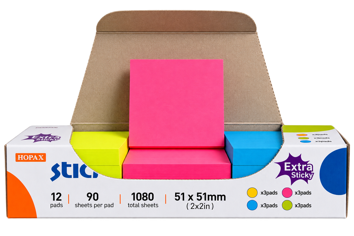 Stick'n Notisar Extra Sticky Neon Assorterad 4 färger – 51 × 51 mm – 12 × 90 ark